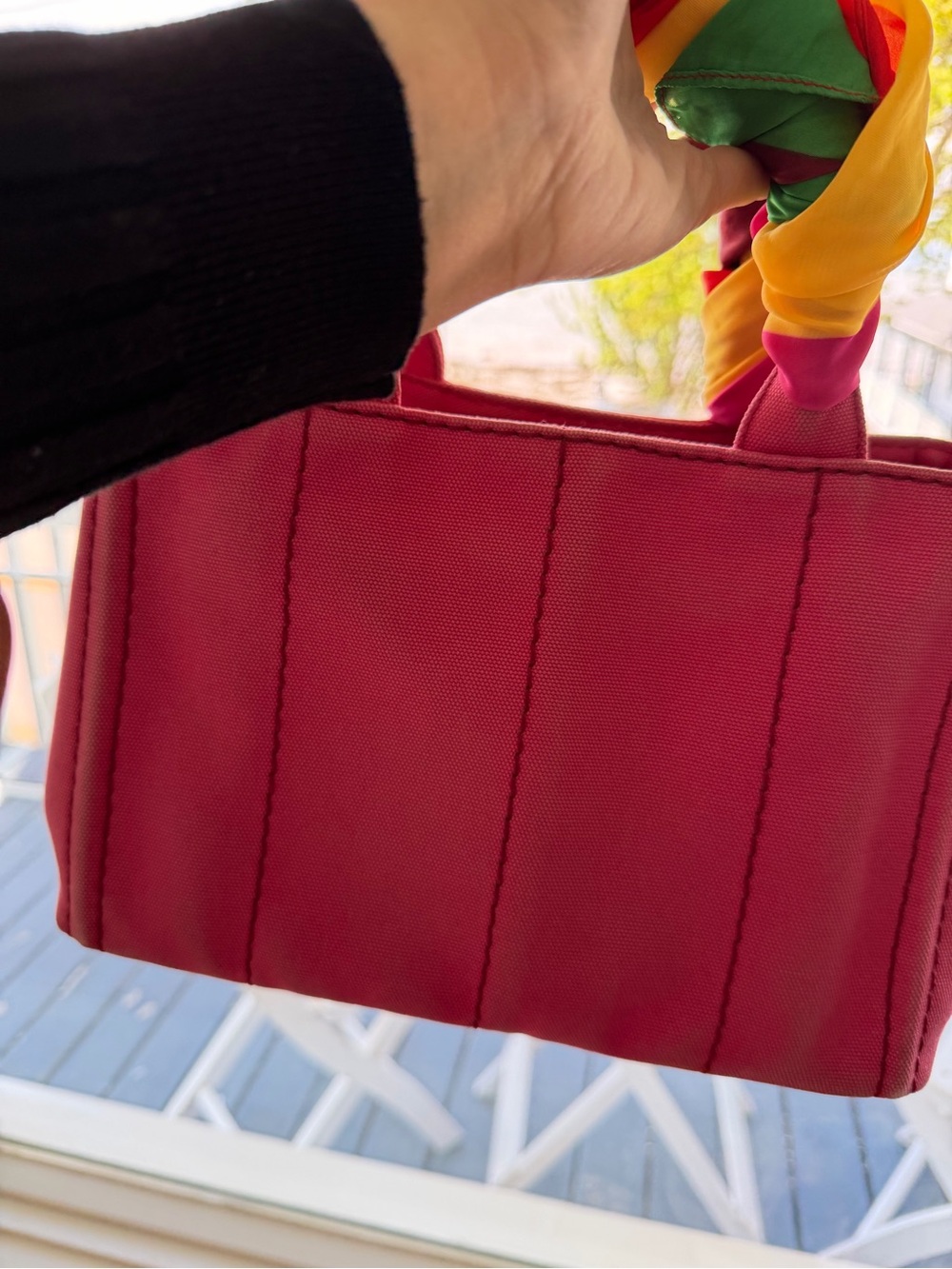Prada Pink Canvas Tote with Multicolor Scarf-Wrapped Handles - Picture 5 of 5